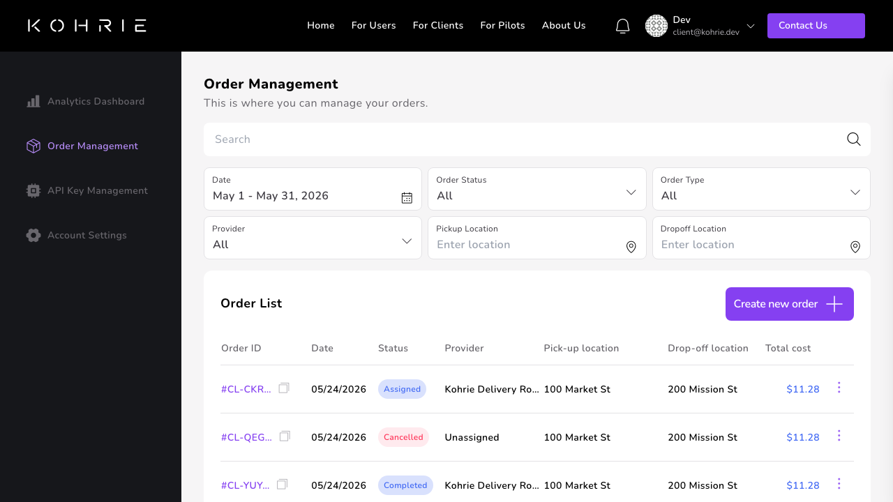 Kohrie orders and dispatch dashboard